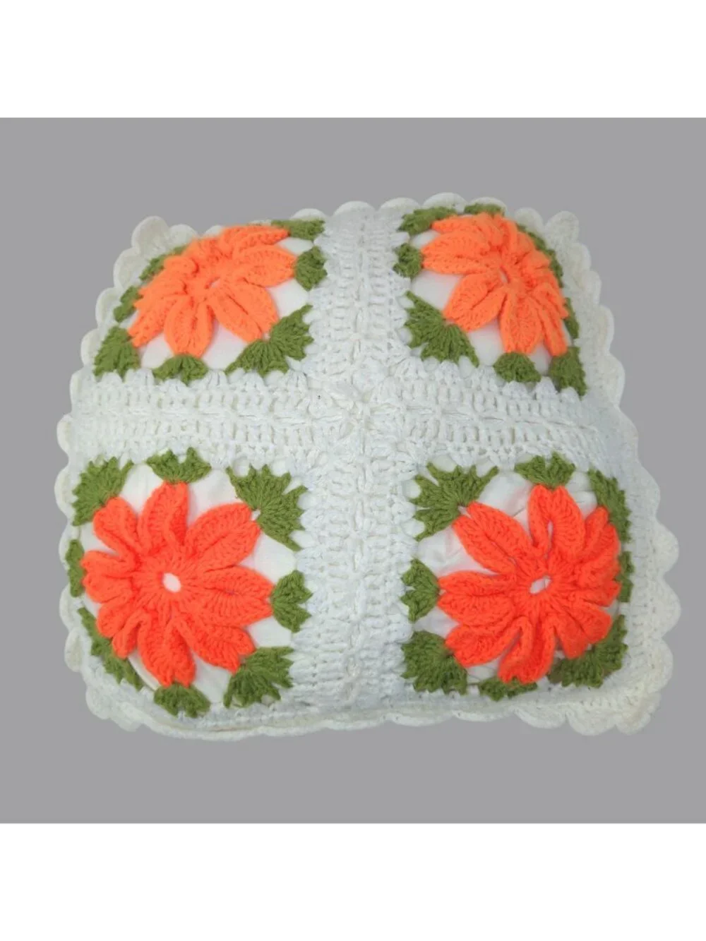 Crochet Pillow Square White Cottagecore Floral Hand